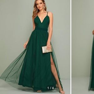 Solid Plunging Split Thigh Mesh Overlay Dress